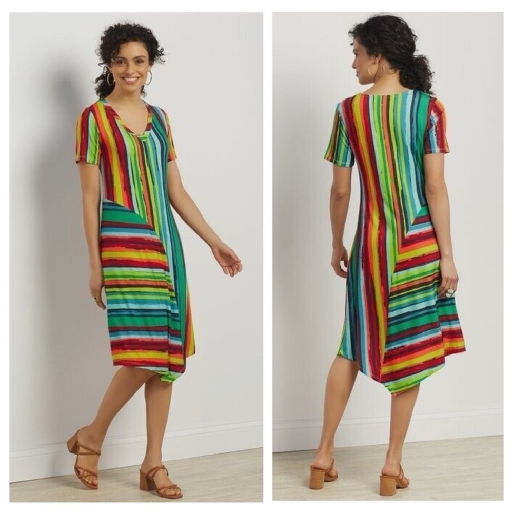 Soft Surroundings Happy Place Striped Jersey Knit Short Sleeve Dress Knee Length